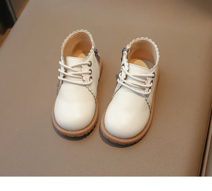 Girls’ Leather Ankle Boots 2024 — Spring & Autumn Lace-Up Side Zipper Rubber Boots, Sizes 21-30