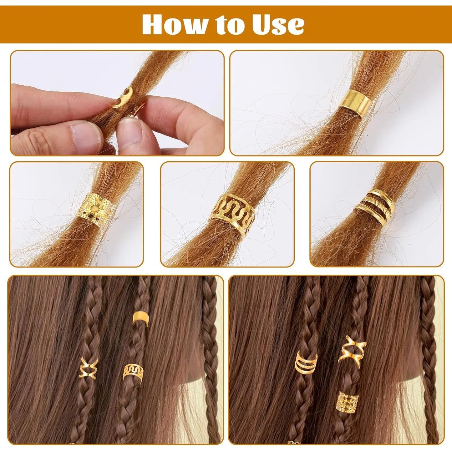 40PCS Gold Plated Hollow Hair Rings — Dreadlock & Braiding Hair Accessories, DIY Hair Jewelry Kit