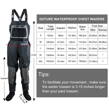 Goture 100% Waterproof Fly Fishing Waders – Breathable Chest Overalls in S, M, L, XL, XXL with Boots