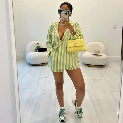 2025 Women’s Casual Striped Shorts & Long Sleeve Shirt Set – Spring Summer Office & Vacation Outfit