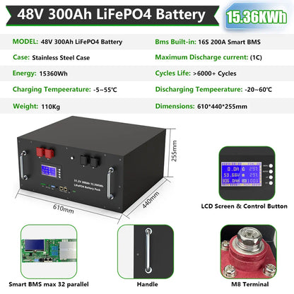 LiFePO4 48V 300Ah 15kWh Battery Pack – 6000+ Cycles, Bluetooth, RS485 CAN BMS, 51.2V Options, EU Stock