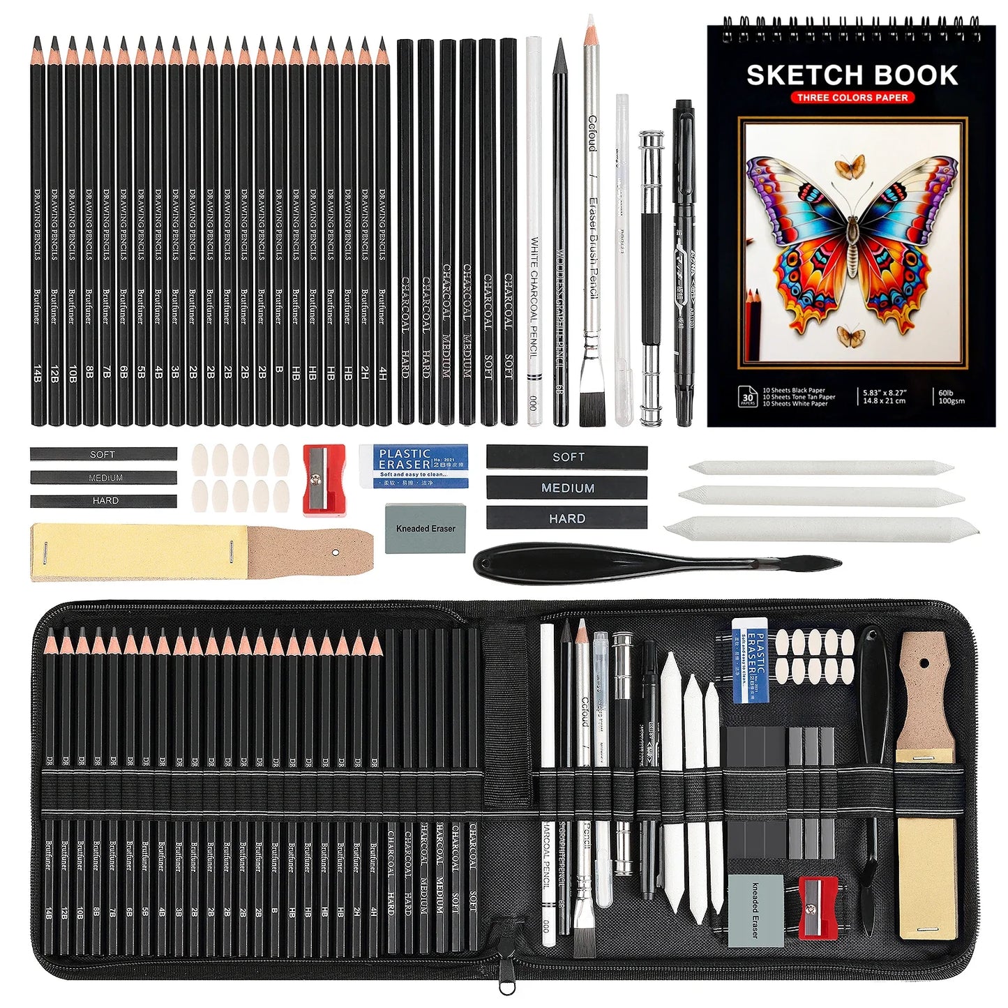 Drawing & Sketching Kit 20/54/58/70/144PCS – Portable Travel Case with Graphite, Charcoal, White Color Pencils & Blending Stump