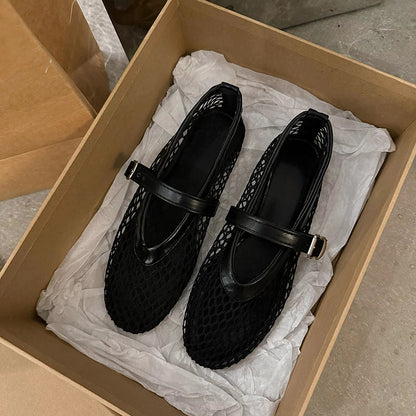 Women's Summer Fishnet Mary Jane Flats – Round Toe Cut-Out Buckle Comfort Shoes