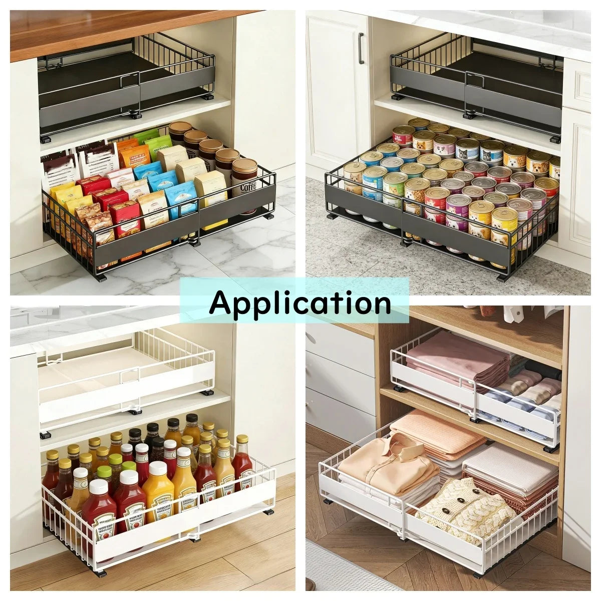 Expandable Cabinet Drawer Organizer - Pull-Out Storage Tray with 3 Sliding Rails
