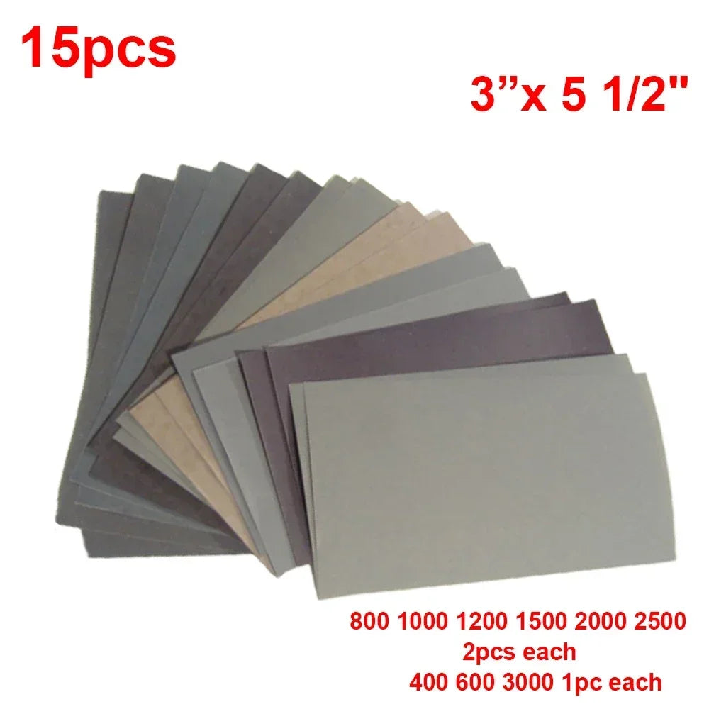 15-Piece Wet & Dry Sandpaper Set (400–3000 Grit) – Assorted Abrasive Sheets for Smoothing & Polishing