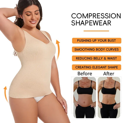 Women’s Sleeveless Shapewear Tank Top - V Neck Compression Body Shaper Shirt with Tummy Control & Wide Strap Support