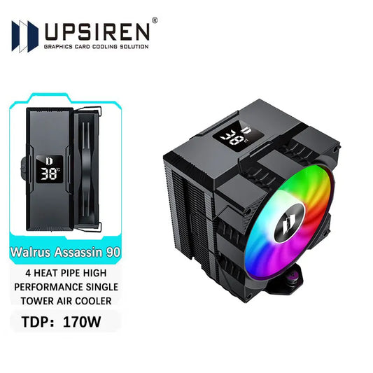 UPSIREN Walrus Assassin 90 CPU Air Cooler – Digital Display 4 Heat Pipe 92mm High Performance Radiator for Intel LGA1700/1200 & AMD AM4/AM5 Cooling System