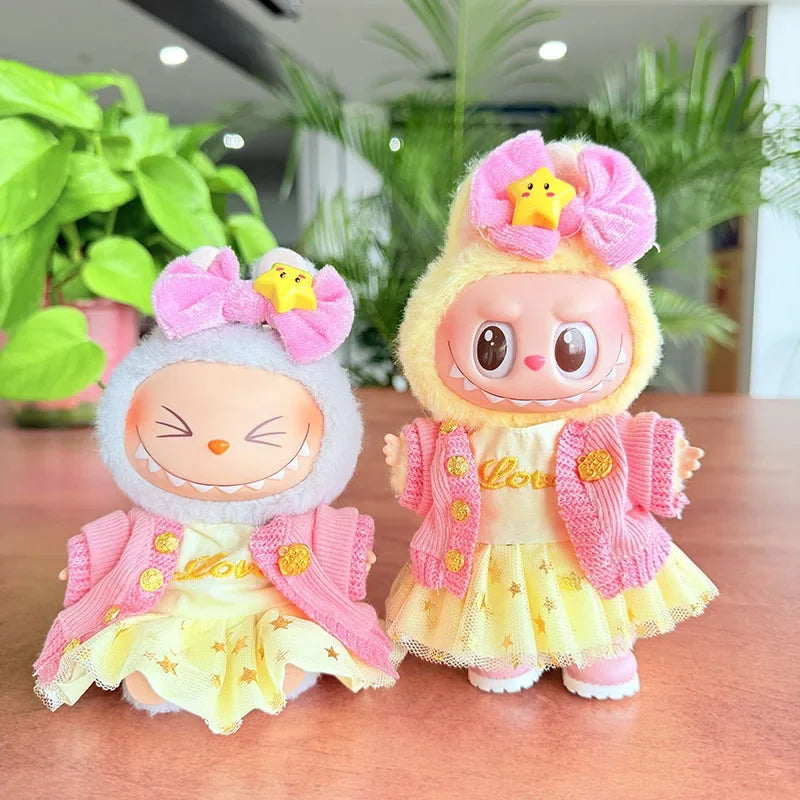 17cm Labubu Doll Clothes — Macaron Outfit Set with Hair Accessories | Cute DIY Gift for Kids