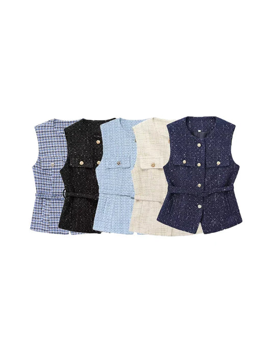 TRZA Women’s Tweed Waistcoat — Sleeveless O-Neck Top with Belt & Front Buttons, Chic Fashion Outerwear