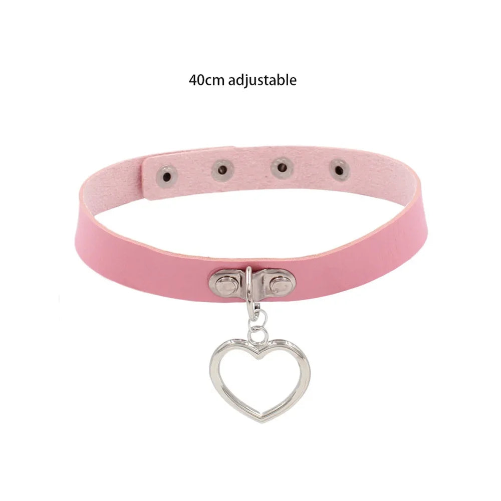 Pink Gothic Collar Necklace – Trendy Rock Leather Heart with Rivets, Harajuku Punk Choker Jewelry for Women, Gift Idea
