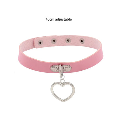 Pink Gothic Collar Necklace – Trendy Rock Leather Heart with Rivets, Harajuku Punk Choker Jewelry for Women, Gift Idea