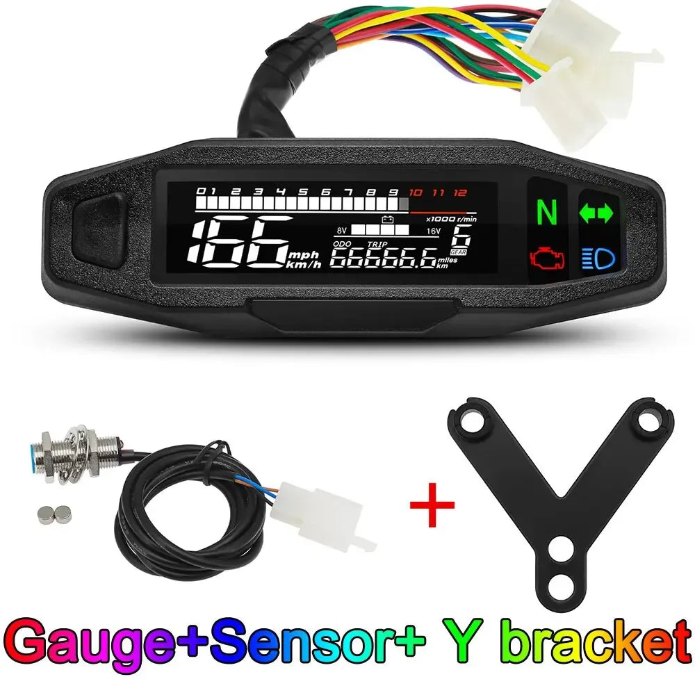 AD Universal Motorcycle Digital Speedometer – LED Tachometer Dashboard Instrument Panel with LCD Display & Y Bracket