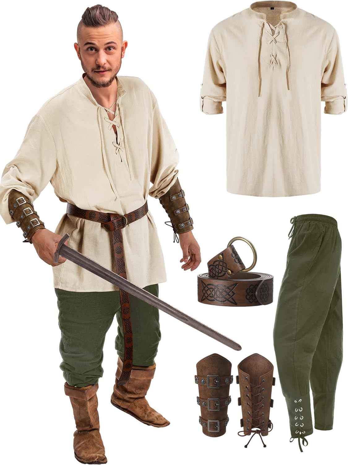 Jiuguva 4-Pcs Halloween Men's Renaissance Costume Set – Medieval Pirate Shirt, Ankle Banded Pants & Viking Belt Accessories