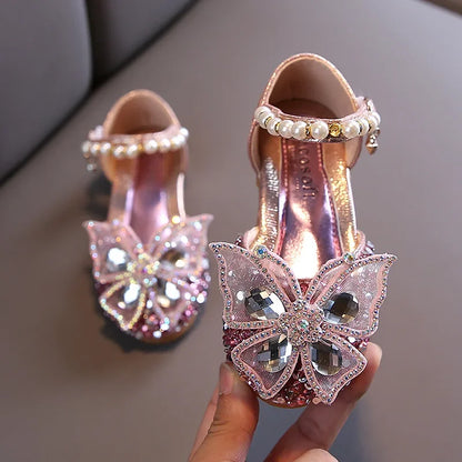 Girls Sequin Pearl Bow Princess Shoes - Elegant Party and Wedding Dance Shoes for Kids
