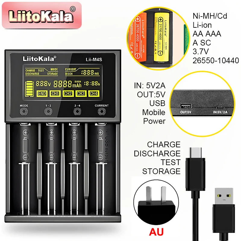 LiitoKala Lii-M4/Lii-M4S Battery Charger – 5V Plug (EU/AU/UK/US) for 3.7V Li-Ion & 1.2V AA/AAA/C Batteries (18650, 26650, 21700, 14500, 18350, 17500)