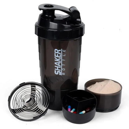 3-Layer Shaker Protein Bottle: Powder Shake Cup for Body Building, Exercise, and Hydration - Plastic Mixing Cup