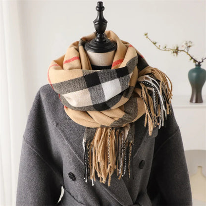Luxury Brand Winter Plaid Cashmere-Like Blanket Scarf - Thick Warm Pashmina Shawl Wrap with Tassels, Poncho Stoles Echarpe