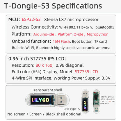 LILYGO® T-Dongle-S3 ESP32-S3 Development Board – 0.96" ST7735 LCD Display with WiFi, Bluetooth & TF Card Support