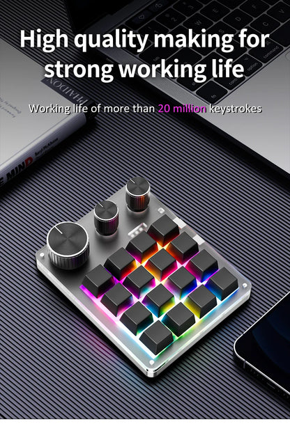 2.4G Bluetooth Mechanical Keyboard – 16-Key Custom USB with Knob, Volume Control, Macro & Gaming Modes