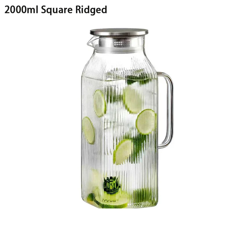JUSTINLAU Borosilicate Glass Water Bottle - 1.2L/2L Large Capacity Juice & Drink Pitcher for Home & Restaurant