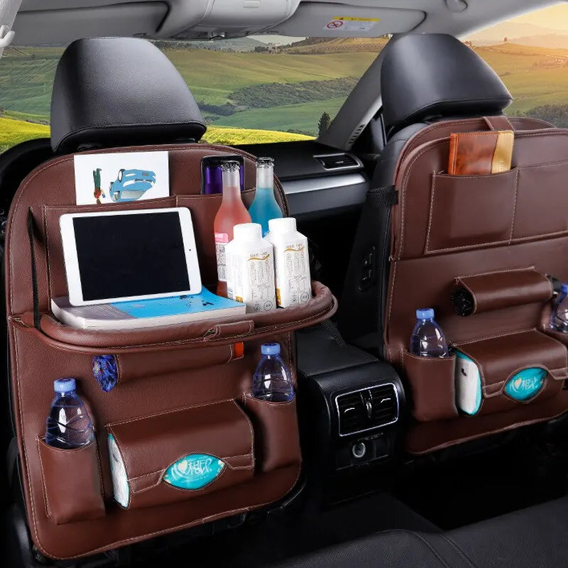 Car Seat Back Organizer with Foldable Table Tray – PU Leather Storage Organizer with Pockets & Kick Mats