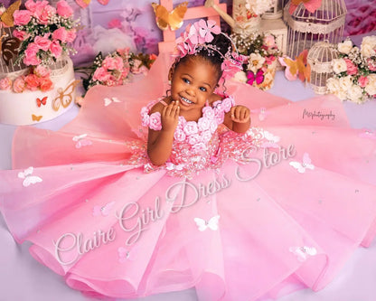 Flower Girl Wedding Dress - Pink Applique Butterfly & Pearl Party Gown