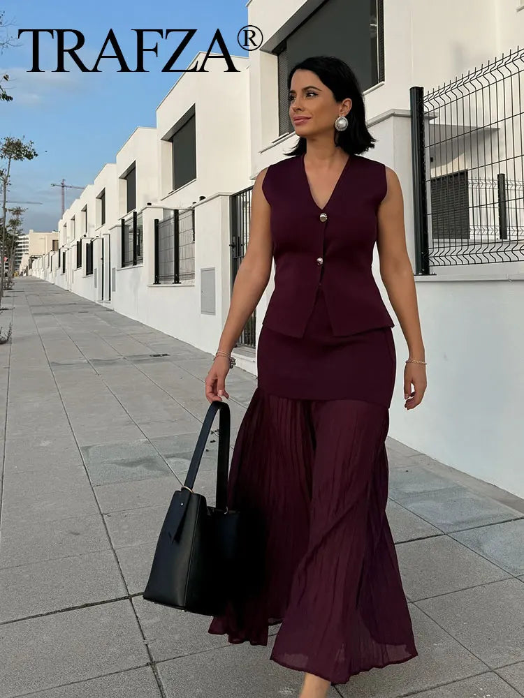 TRAFZA 2025 Women’s Wine Red Skirt Set – Knitted V-Neck Vest with High Waist Zipper Patchwork Long Skirt