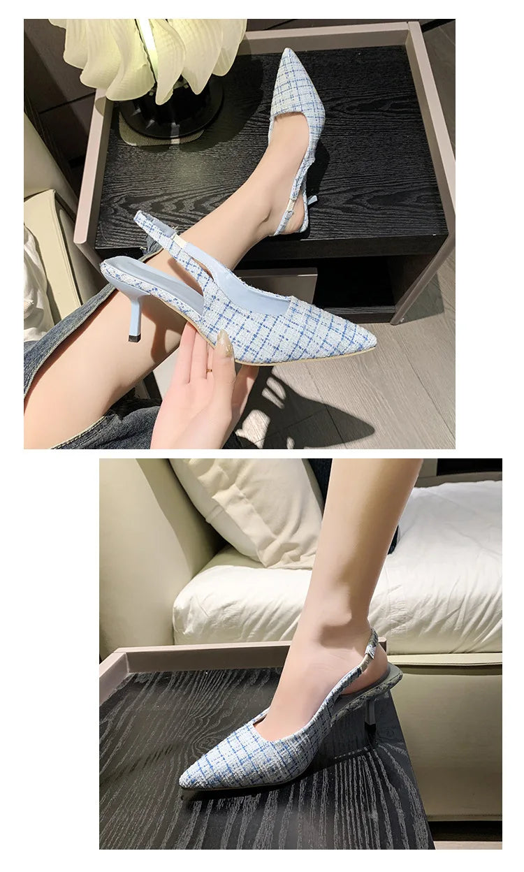 Sea Salt Blue Pointed High Heel Sandals – Women's Fashion Versatile Hollow Back Casual Shoes