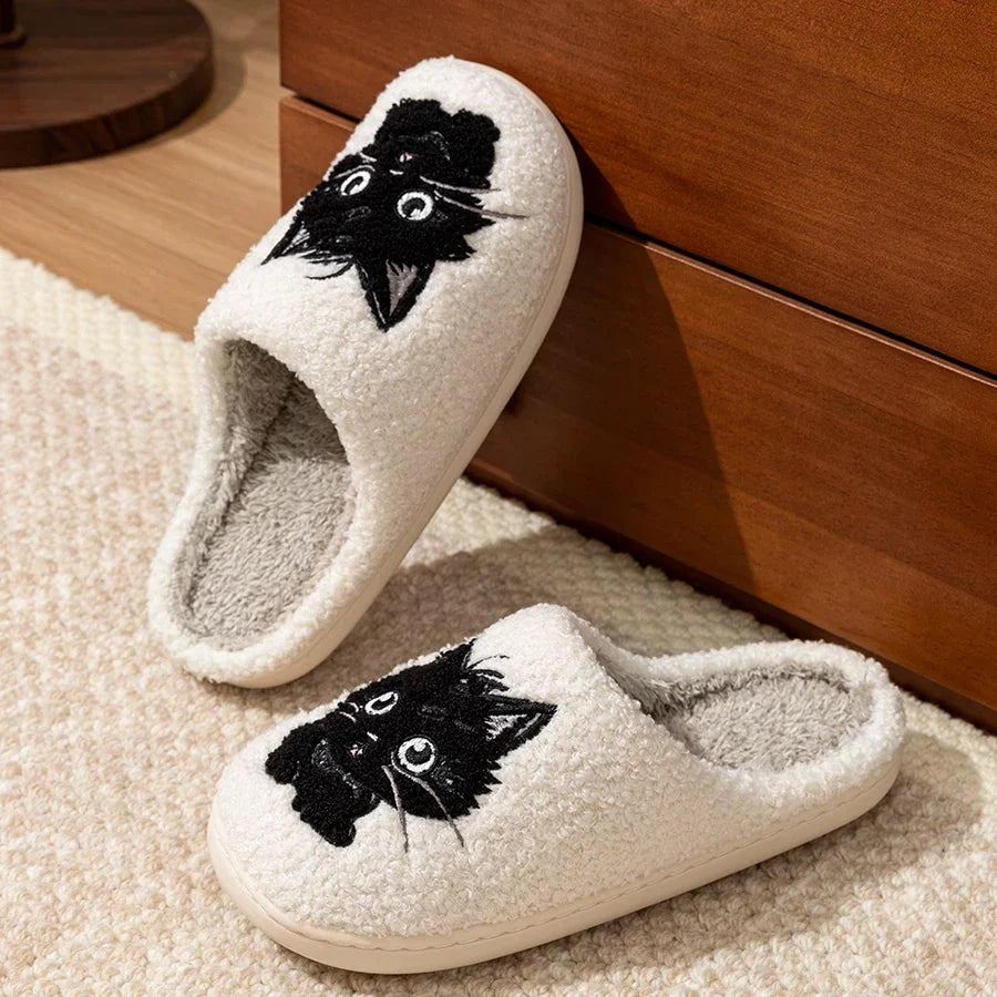 Women’s Cartoon Black Cat Slippers - Winter Indoor Bedroom Shoes with Soft Anti-Slip Comfort Sole