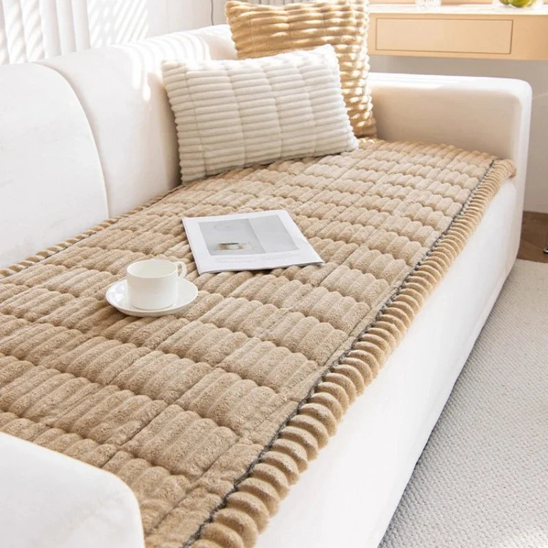 Thick Quilted Stripe Flannel Sofa Pad – Warm Multiuse Winter Sofa Cover, Towel & Slipcover for Living Room