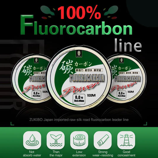 ZUKIBO 100% Fluorocarbon Fishing Line: Japanese Imported Carbon Fiber Line, 50M/100M - Monofilament Sinking Line for Sea Fishing