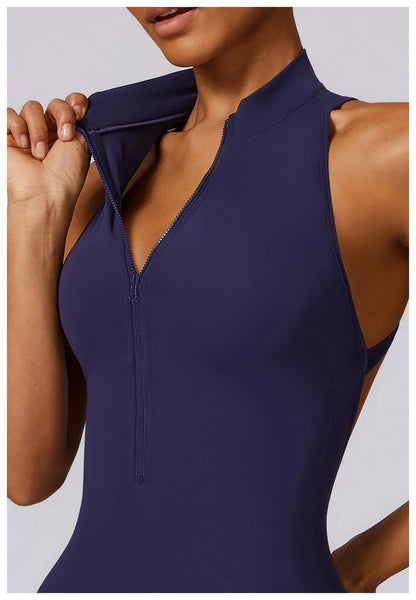 Women’s V-Back One-Piece Sports Jumpsuit — Sleeveless Yoga Romper with Zipper Workout Bodysuit