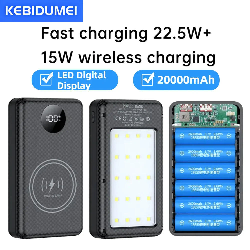 6×18650 20000mAh Power Bank Case – 22.5W Fast Charge & 15W Wireless Charging Battery Holder for Phones