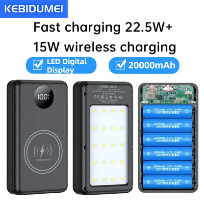 6×18650 20000mAh Power Bank Case – 22.5W Fast Charge & 15W Wireless Charging Battery Holder for Phones