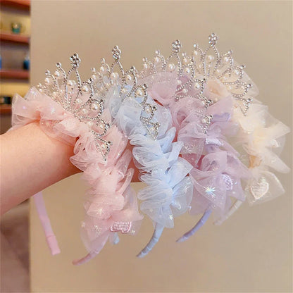 Girls Pearl Crown Headband - Sweet Princess Mesh Hair Hoop for Birthday Parties