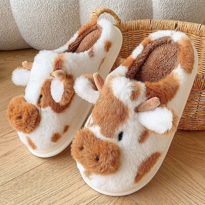 Women’s Fluffy Cartoon Cow Slippers – Cute Casual Flat Plush Winter Platform Shoes for Home