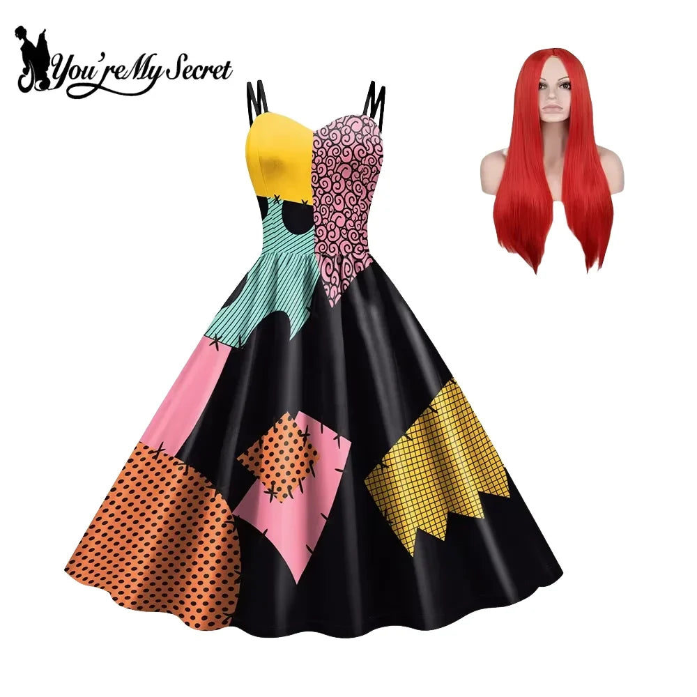 Sally Halloween Cosplay Dress Set - Long Sleeve Party Costume with Wig & Socks