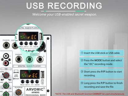 ARVOMIC 6 Channel DJ Audio Mixer – USB Interface, Bluetooth, 16 DSP Effects, 3-Band EQ (ARMX-6)