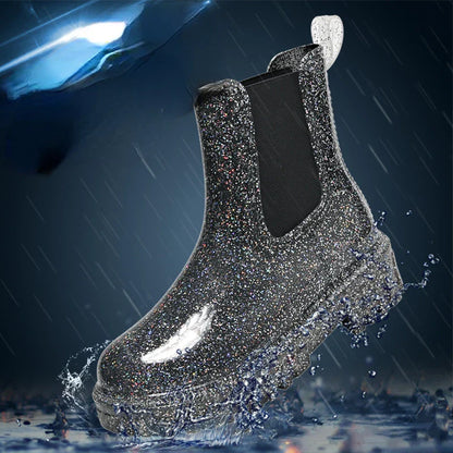 Women’s Shiny Color Fashion Rain Boots – Four-Season Waterproof Mid-Tube Ankle Outdoor Shoes