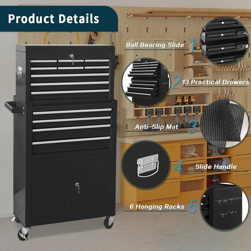 13-Drawer Tool Chest with Wheels & Double Door – Large Detachable Mechanic Toolbox with Sliding Drawers for Garage Storage