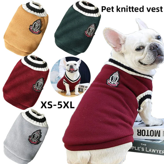 Knitted Dog Sweater for Small to Medium Breeds - Winter Warm Padded V-Neck School Uniform Coat for Chihuahuas and French Bulldogs