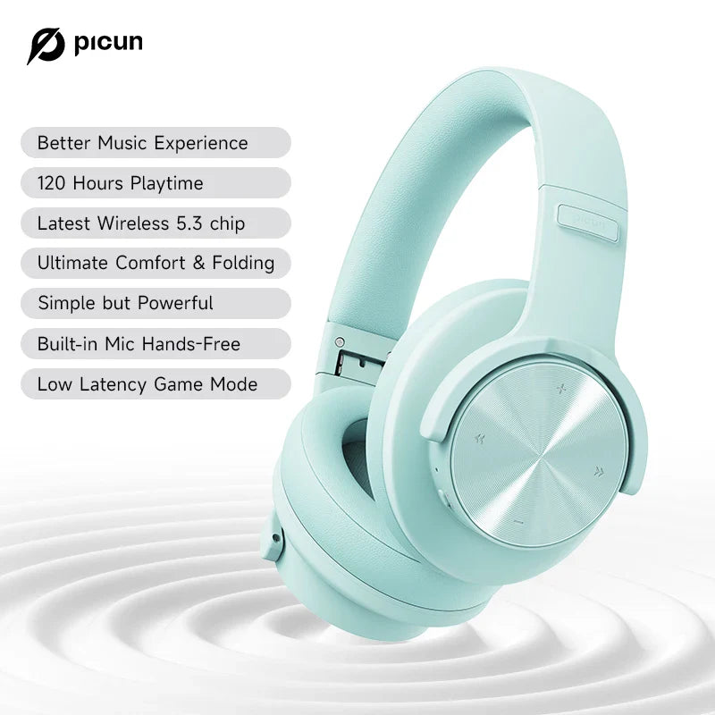 Picun B8 Bluetooth Headphones - 120H Playtime, Wireless Over-Ear Headset, 3EQ Mode, Low Latency, Hands-Free Calls