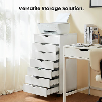 7-Drawer Wooden Chest Dresser – Mobile Nightstand Storage Cabinet with Wheels for Office & Living Room Organizer