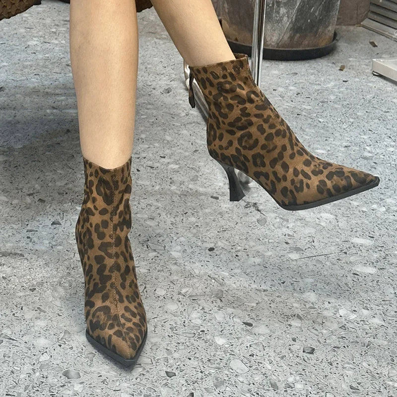 Leopard Print Women’s Ankle Boots – Fashionable High Heel Short Booties, Elegant Dancing & Party Prom Shoes