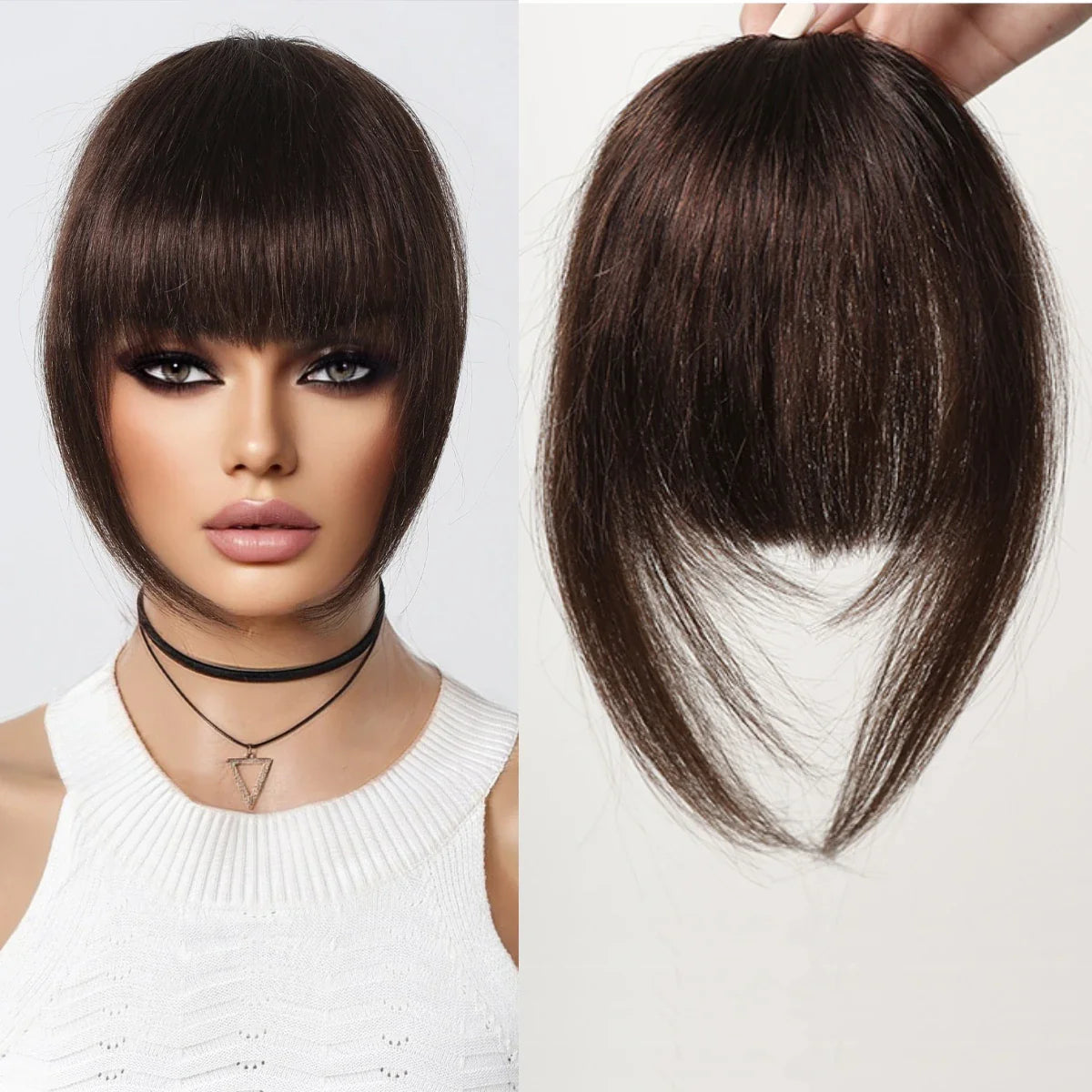 Clip-In Bangs for Women - 100% Human Hair, Thick French Natural Black Brown Hairpieces with Temples
