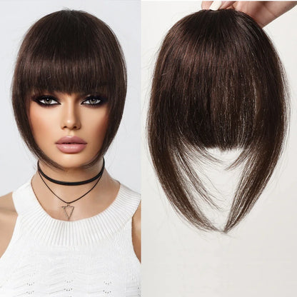 Clip-In Bangs for Women - 100% Human Hair, Thick French Natural Black Brown Hairpieces with Temples