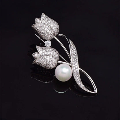 Luxury Tulip Flower Brooch Pin with White Stone – Elegant Rose Floral Jewelry for Women (2023 Design)
