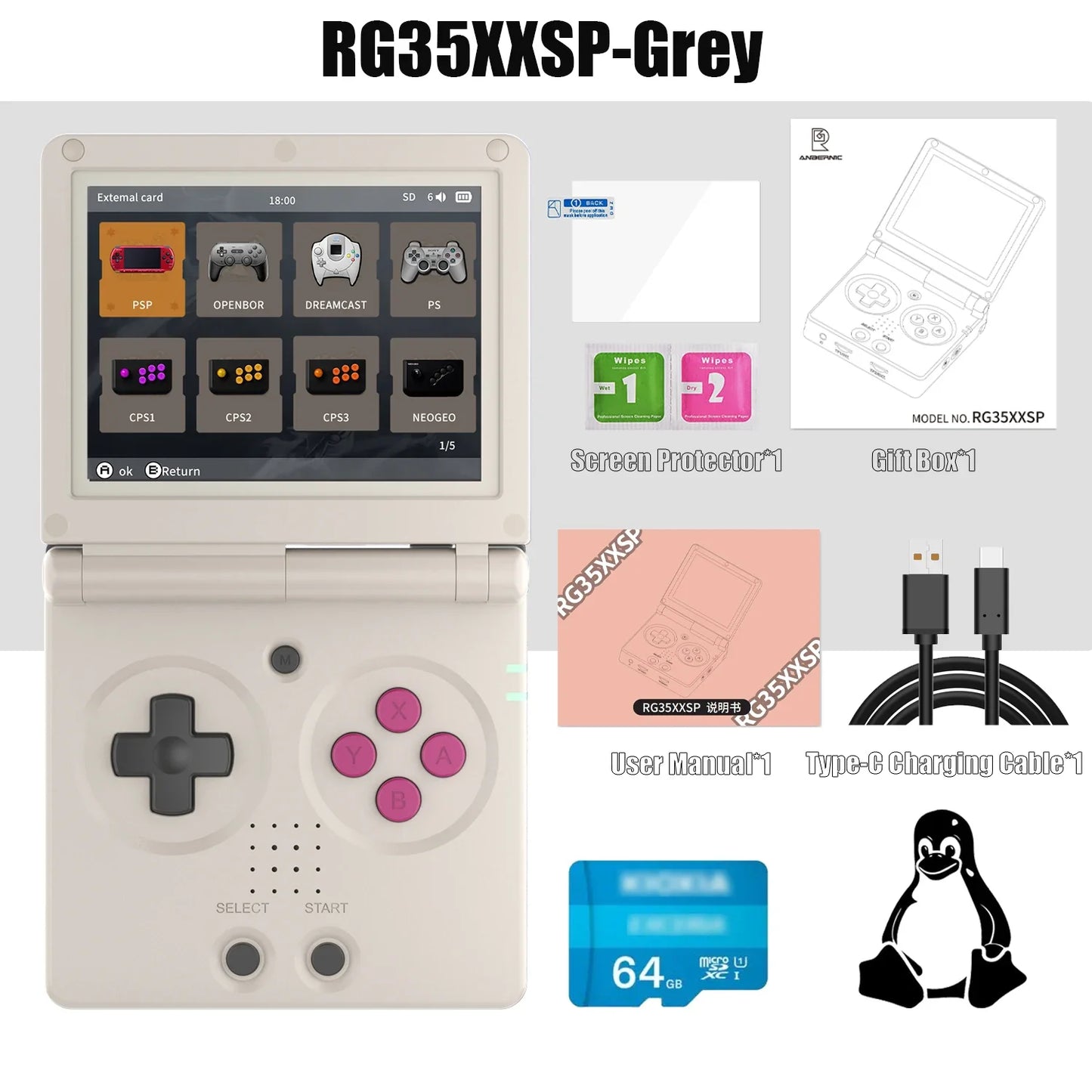 ANBERNIC RG35XXSP Flip Handheld Game Console – 3.5” IPS Display, 64GB, 64-Bit Linux, Online Play