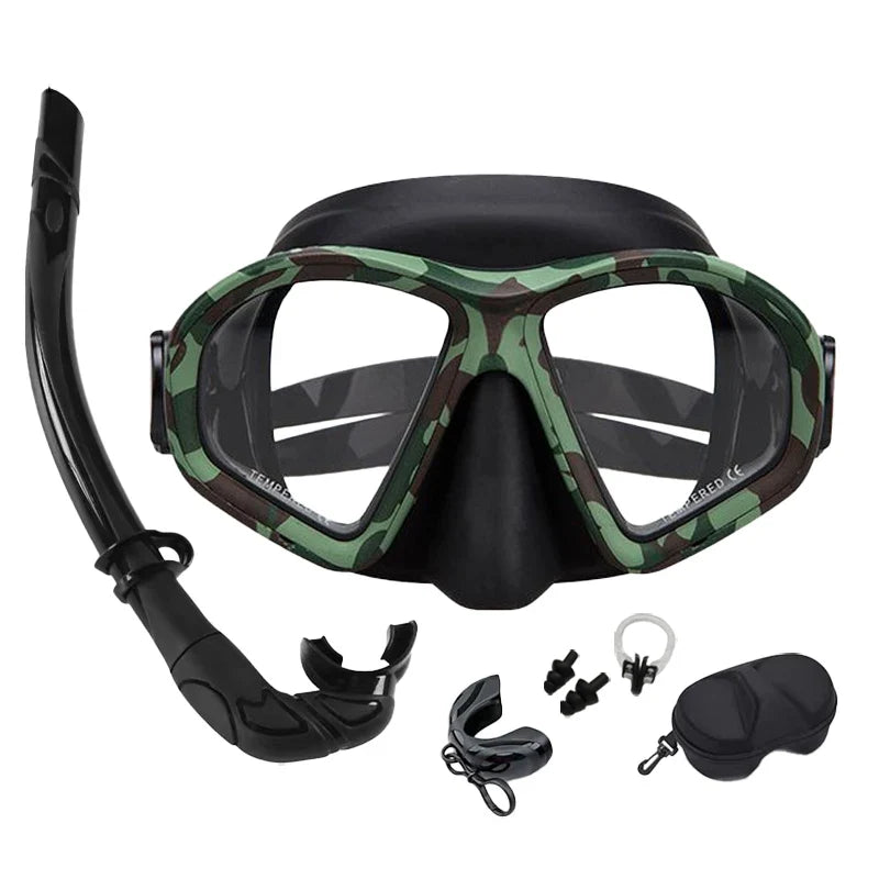 Freediving Mask with Camera Mount - Two-Window Tempered Glass Waterproof Anti-Fog Snorkeling Mask