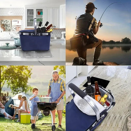 Folding Insulated Meal & Shopping Basket — Portable Handheld Cooler Bag for Outdoor Lunch, Ice Pack, and Food Delivery